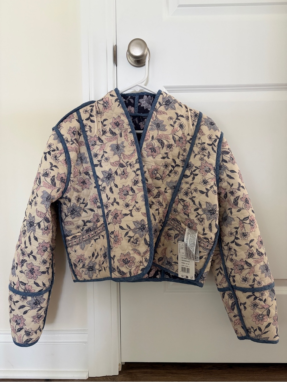 Mango Reversible Quilted Floral Cropped Jacket - Cream, Blue & Pink